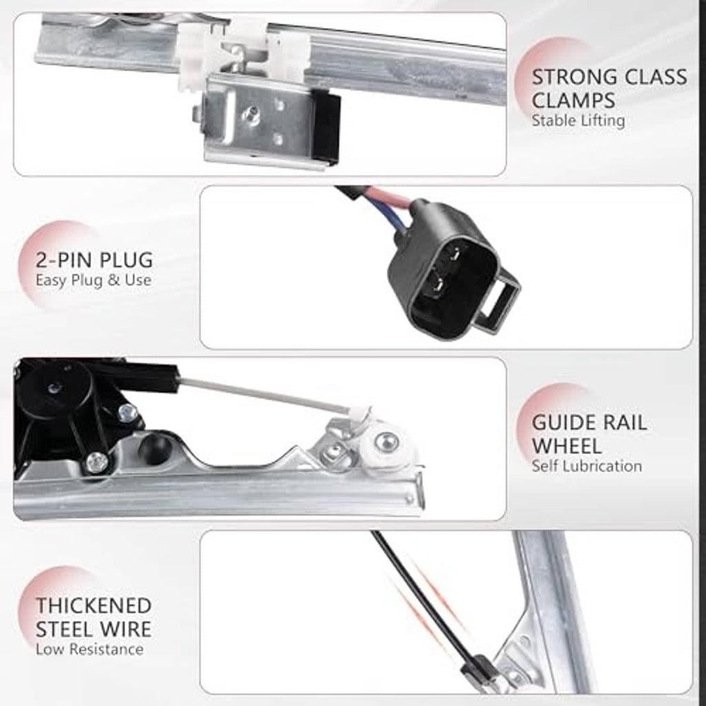 Power window regulator guide rail wheel, 2-pin plug, and steel lifting cable