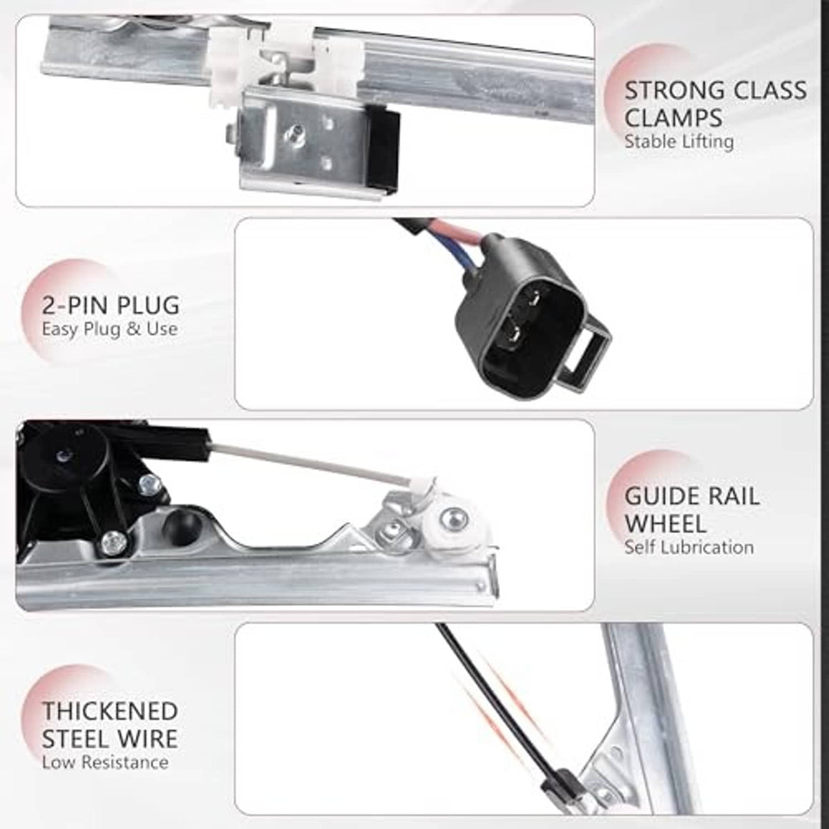 Power window regulator guide rail wheel, 2-pin plug, and steel lifting cable