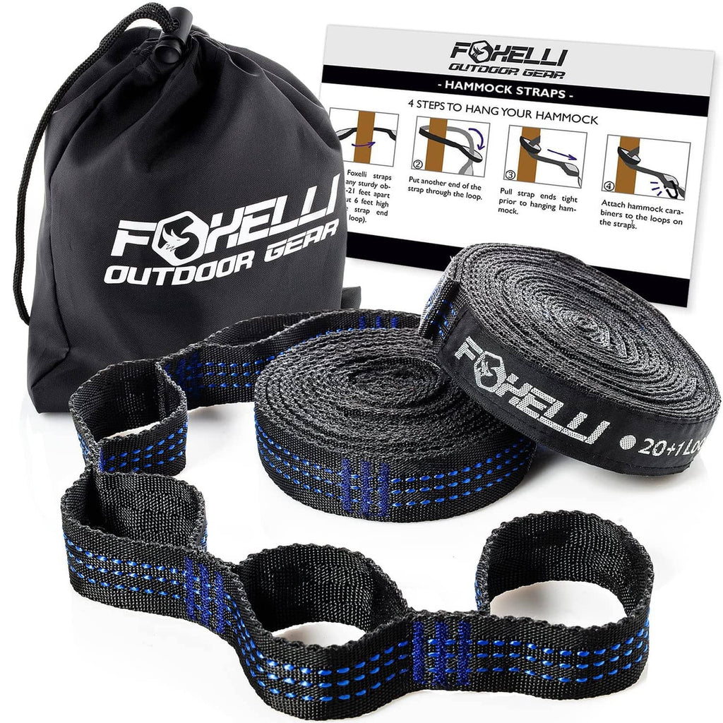Extra-long hammock straps with black and blue webbing, plus carry bag and rolled strap