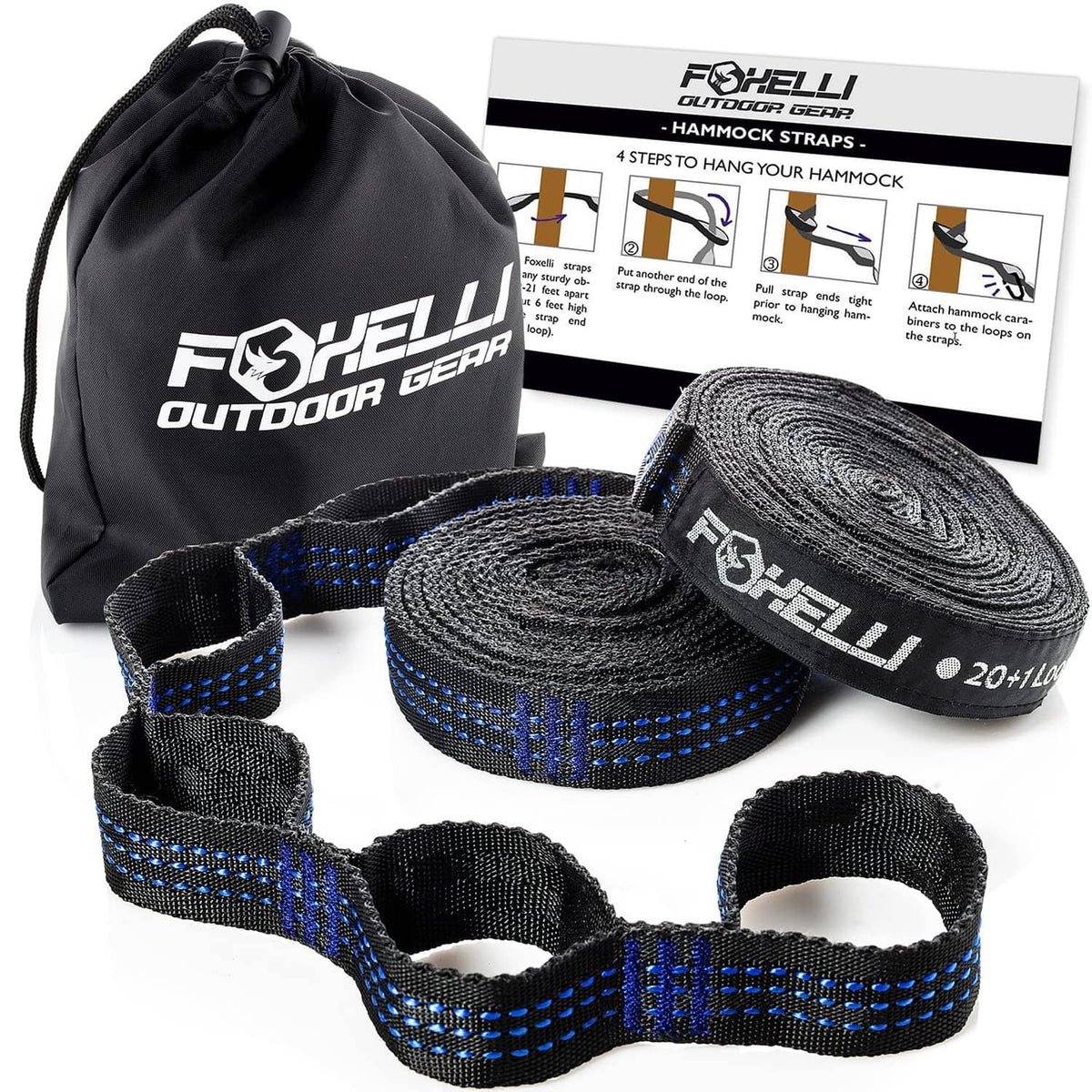 Extra-long hammock straps with black and blue webbing, plus carry bag and rolled strap