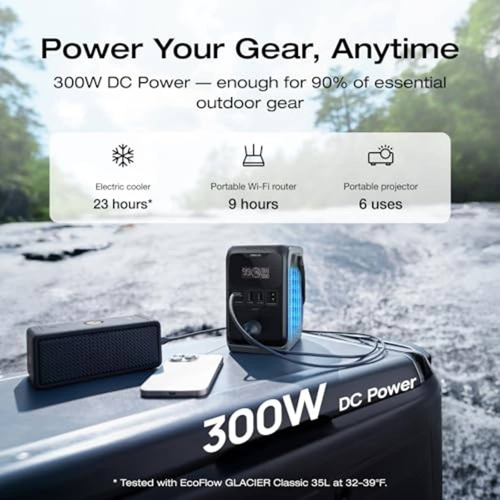 Portable power station with digital display and connected cables, black and gray