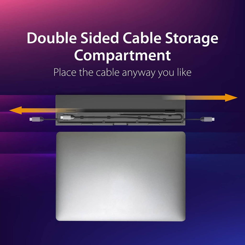 USB-C docking station underside with double-sided cable storage compartment