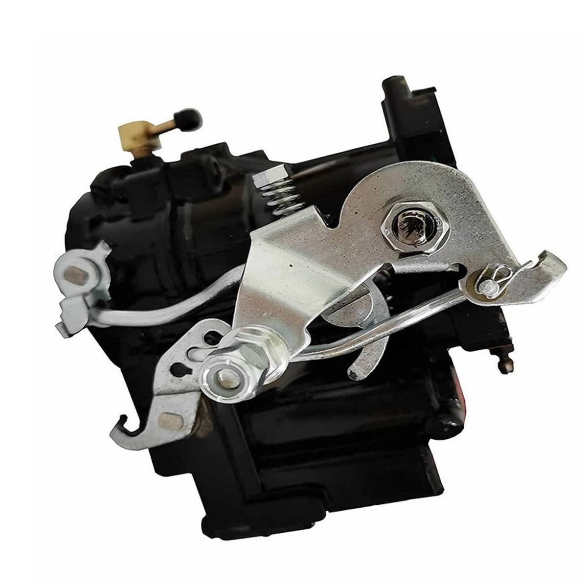 Carburetor with black housing, silver linkage, and gold fuel/choke control fitting