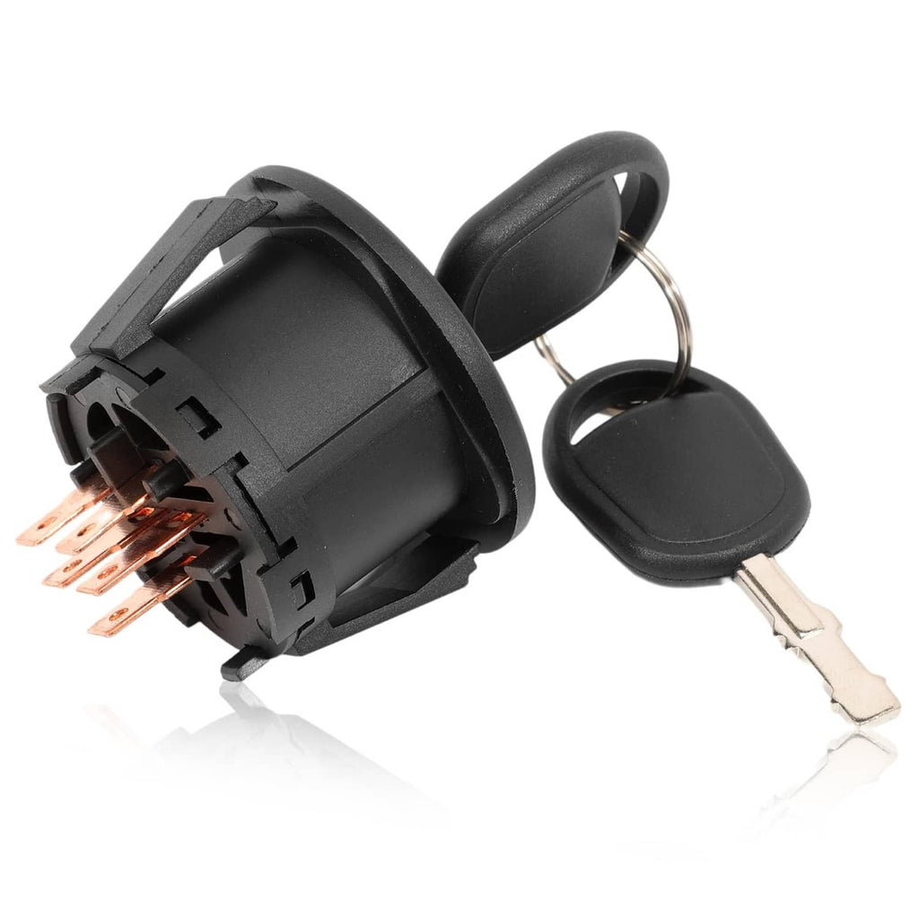 Black ignition switch with key ring and two keys, side view