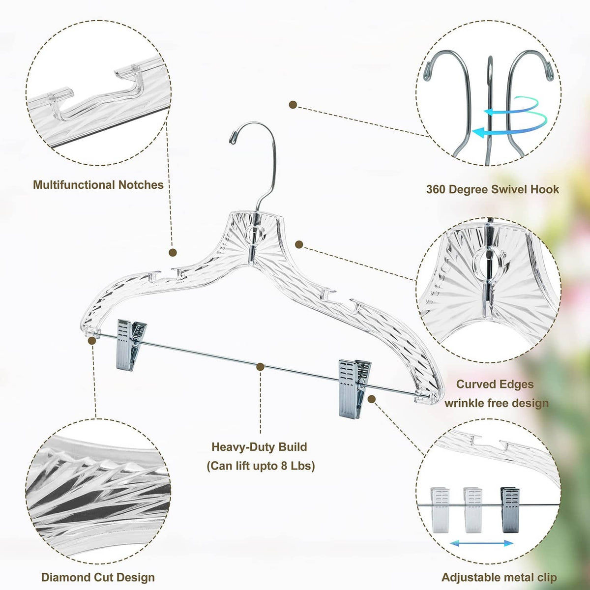 Transparent plastic skirt hanger with 360 swivel hook and diamond cut pattern