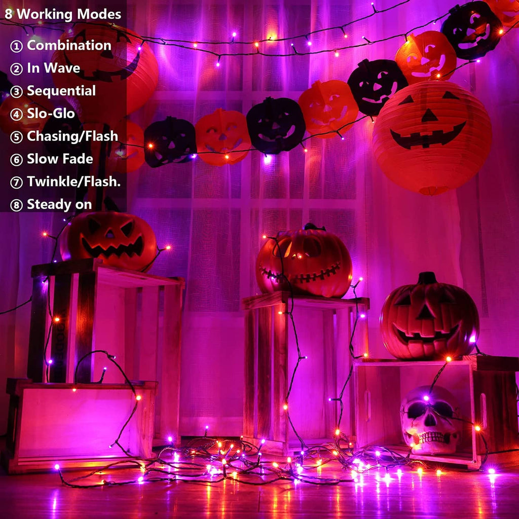 Halloween string lights with purple and orange LED bulbs wrapped around jack-o'-lantern decor