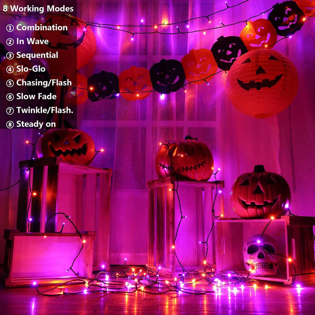 Halloween string lights with purple and orange LED bulbs wrapped around jack-o'-lantern decor
