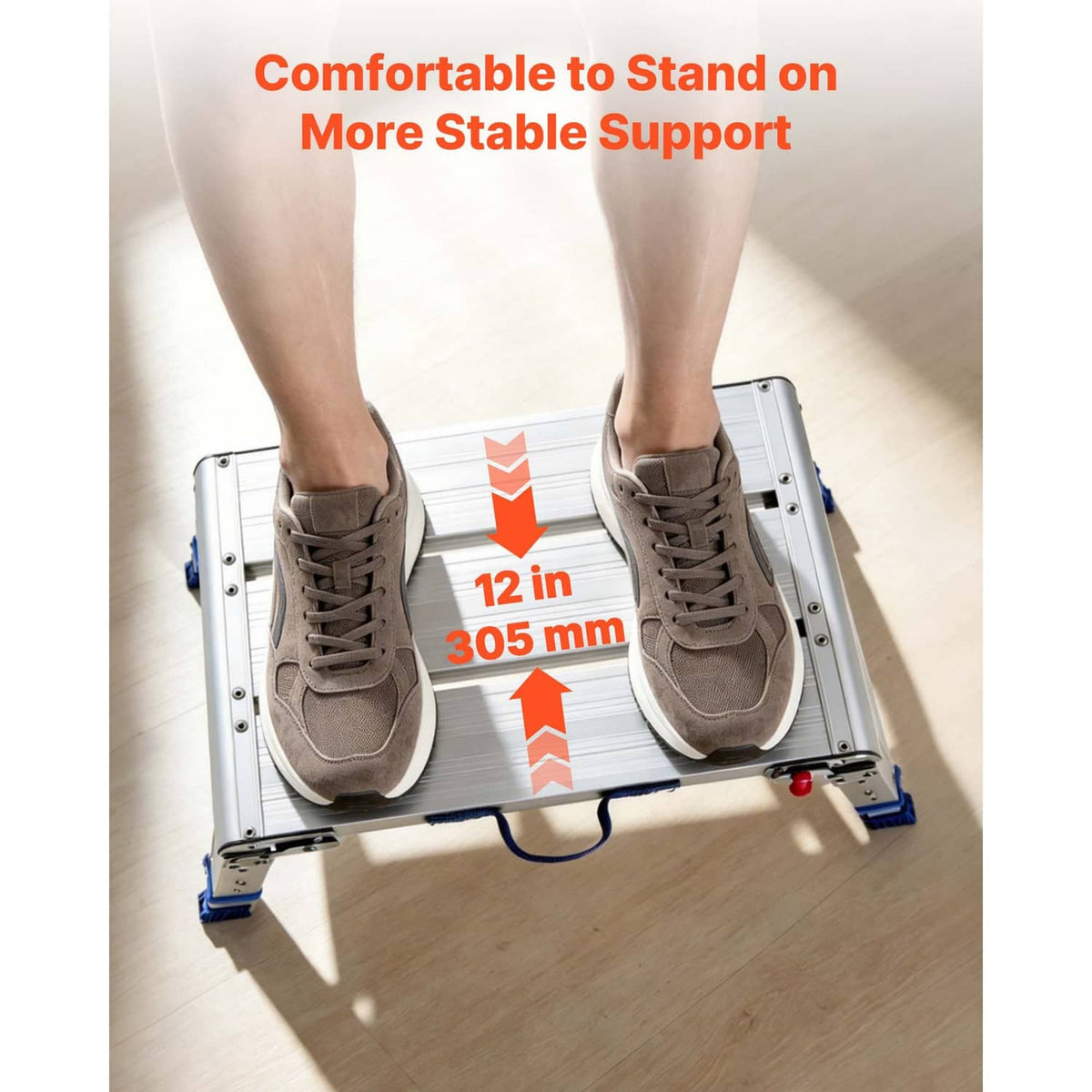 Folding work platform under shoes; white top with blue support bars and adjustable legs
