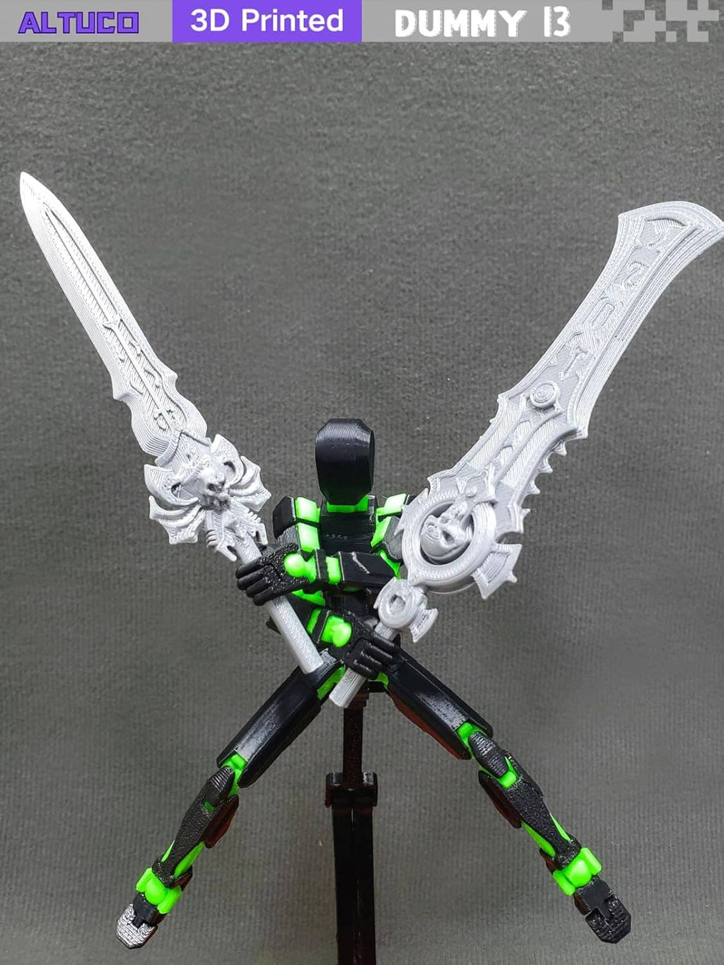 T13 green-and-black action figure with two crossed silver swords and black-green body