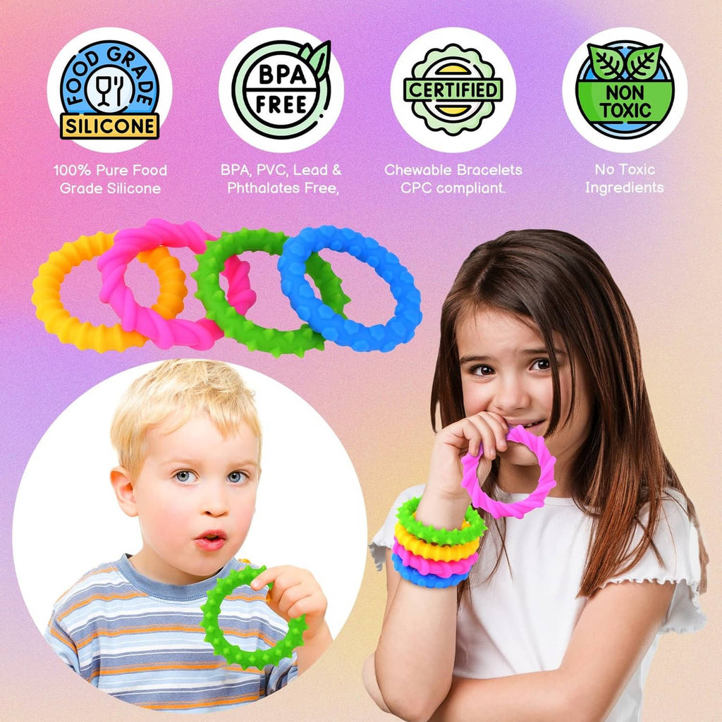 Kids silicone chewable fidget bracelets in pink, blue, yellow, and green with child