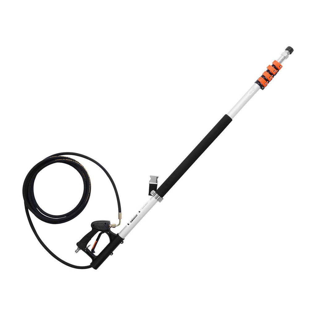 Pressure washer wand with nozzle tip, connected hose, and handheld spray gun