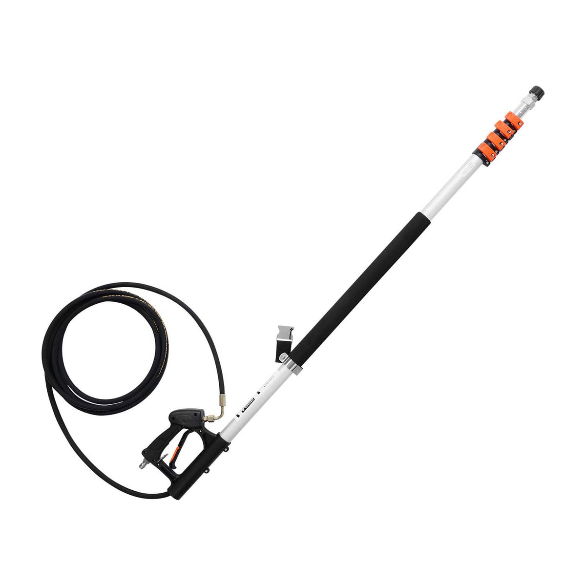 Pressure washer wand with nozzle tip, connected hose, and handheld spray gun