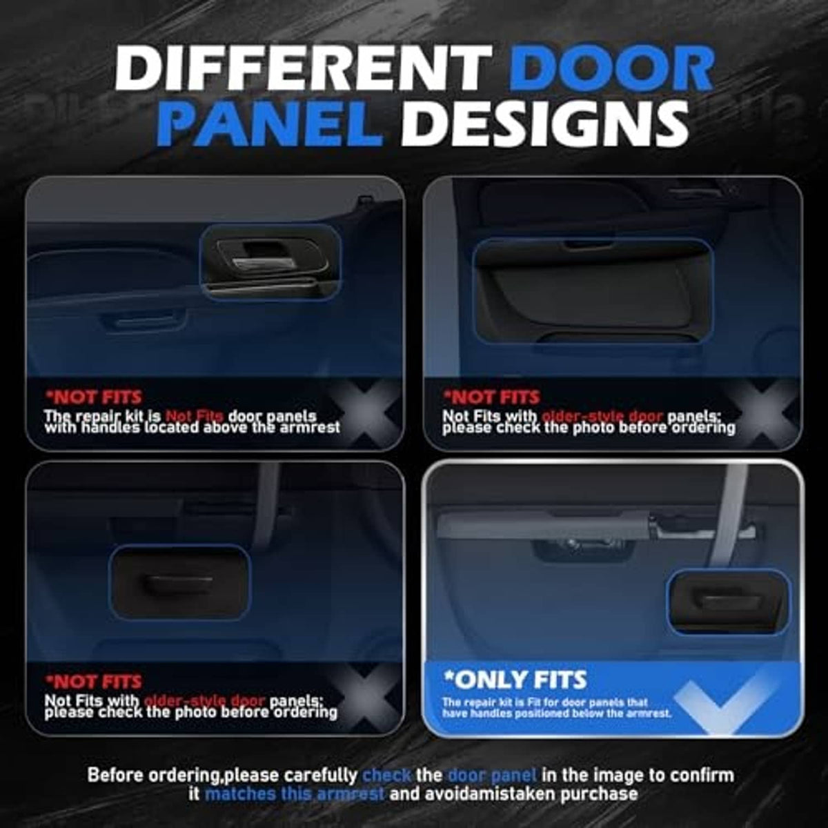Armrest repair kit compatibility graphic showing door panel handle placement diagrams