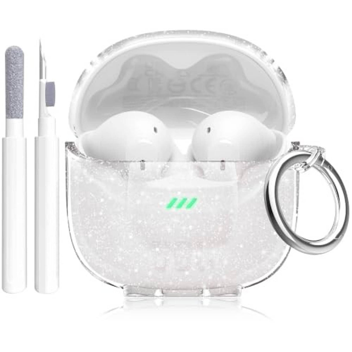 Clear glitter earbuds case with carabiner ring and cleaning pen, earbuds seated inside