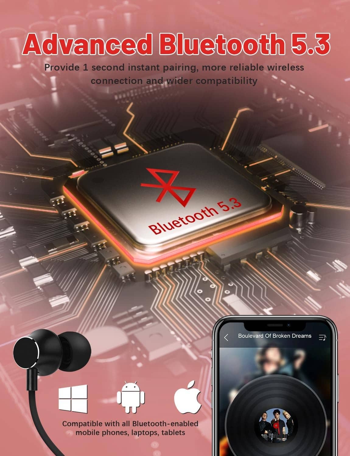 Black neckband Bluetooth 5.3 wireless headphone with earbuds