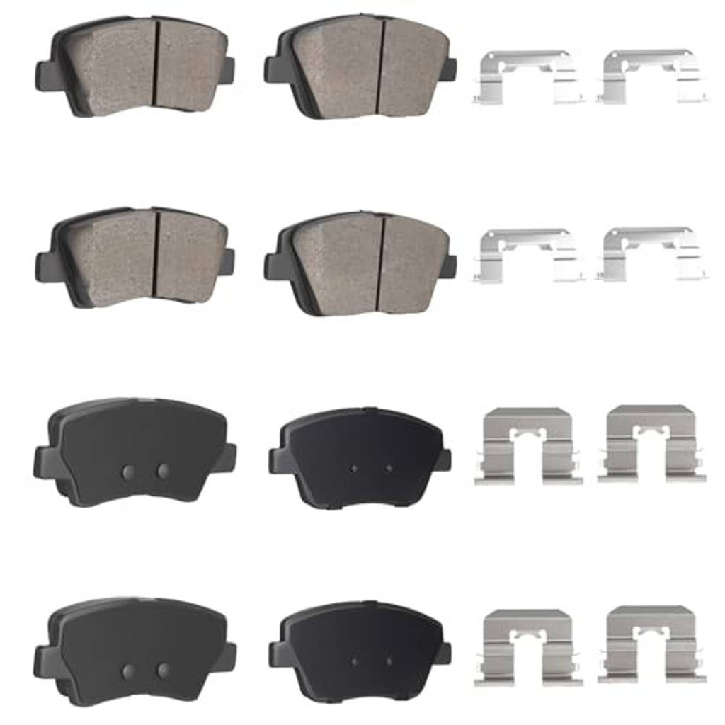 Front rear ceramic brake pad set with clips and shims; gray and black pad faces