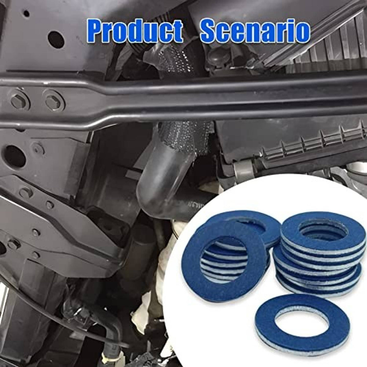 Blue oil drain plug crush washers shown in inset, round with center holes