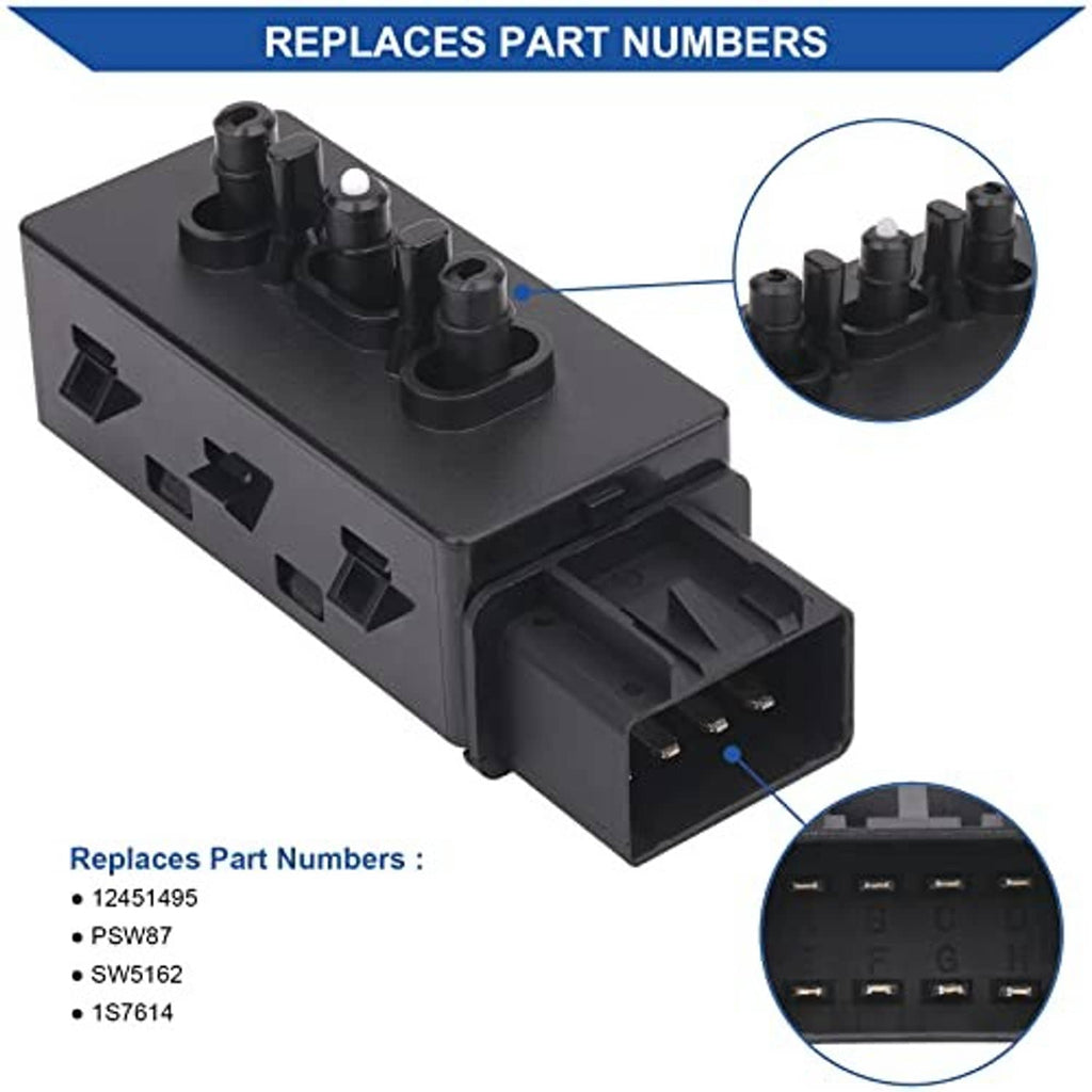 Black seat adjustment switch module showing top knobs and 8-pin connector pins