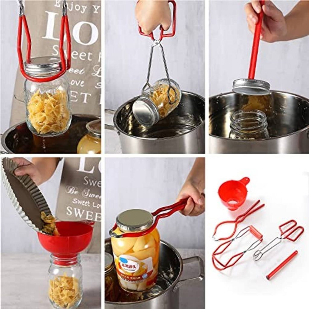 Red jar funnel and canning tongs set for filling glass canning jars