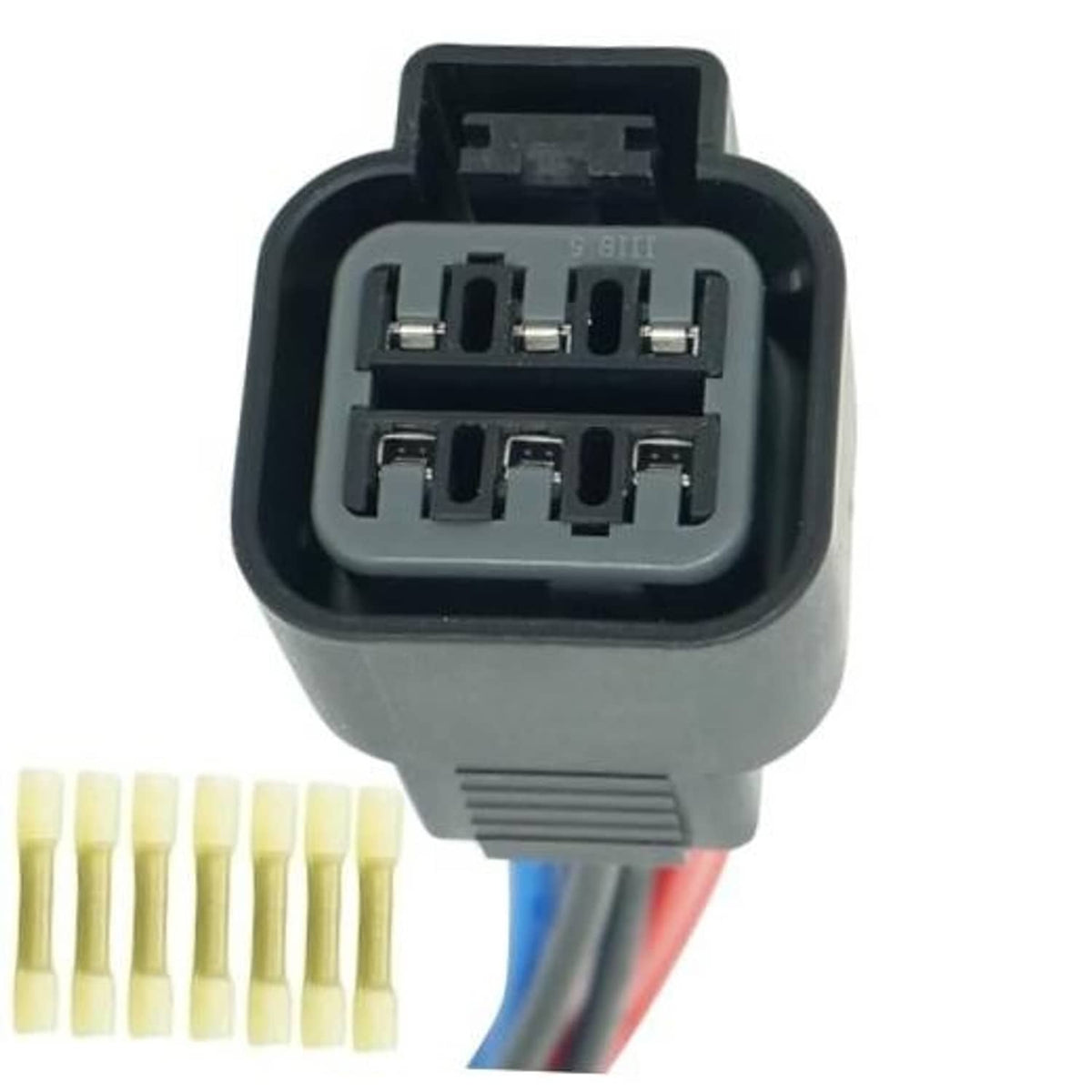 6-pin headlight connector wiring harness with gray socket and multi-pin terminals