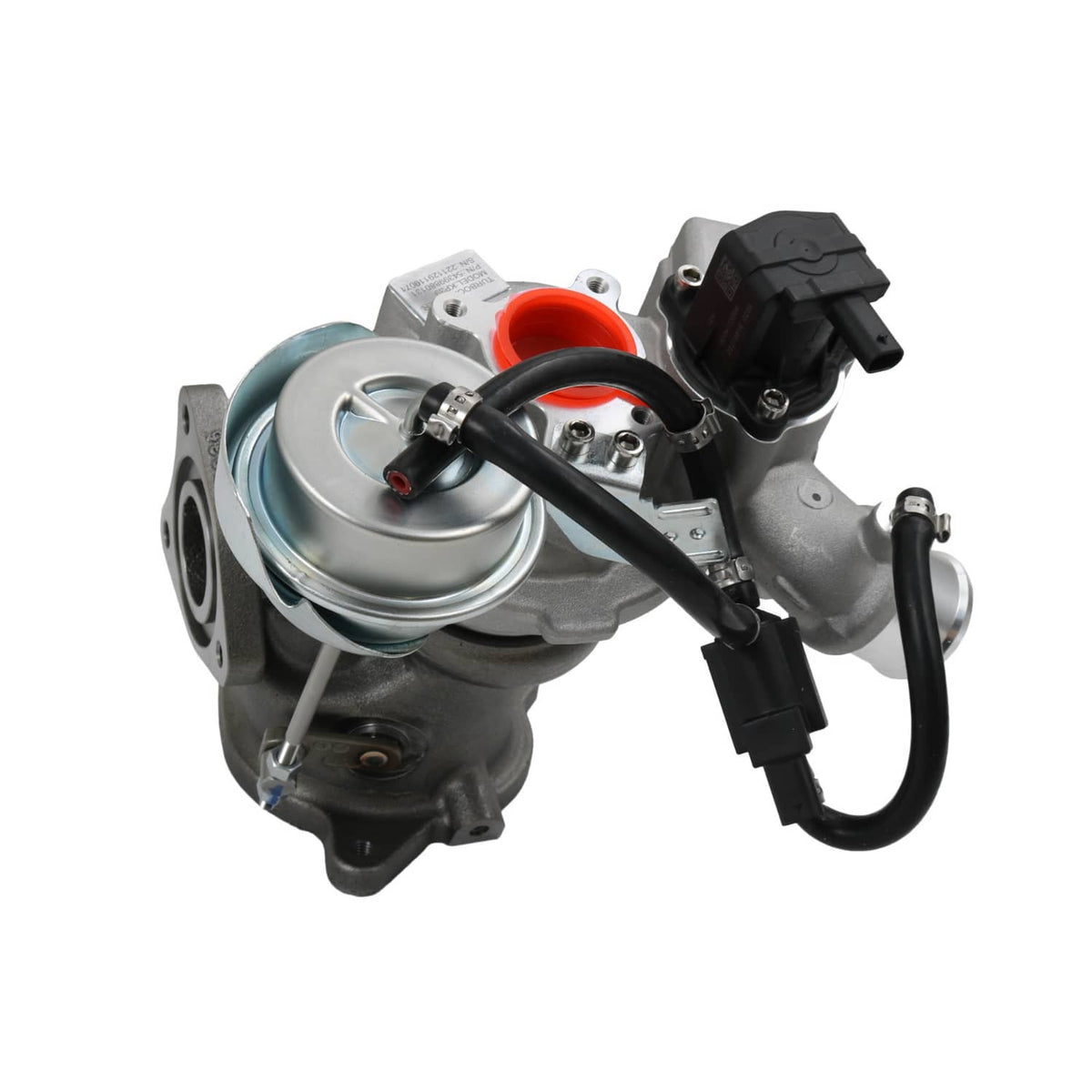 Turbocharger with silver compressor cover, black wiring harness, and red connector