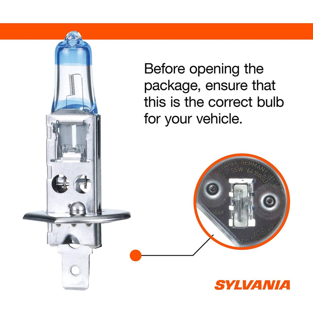 H1 halogen headlight bulb with blue glass and metal base, with vehicle-fit inset