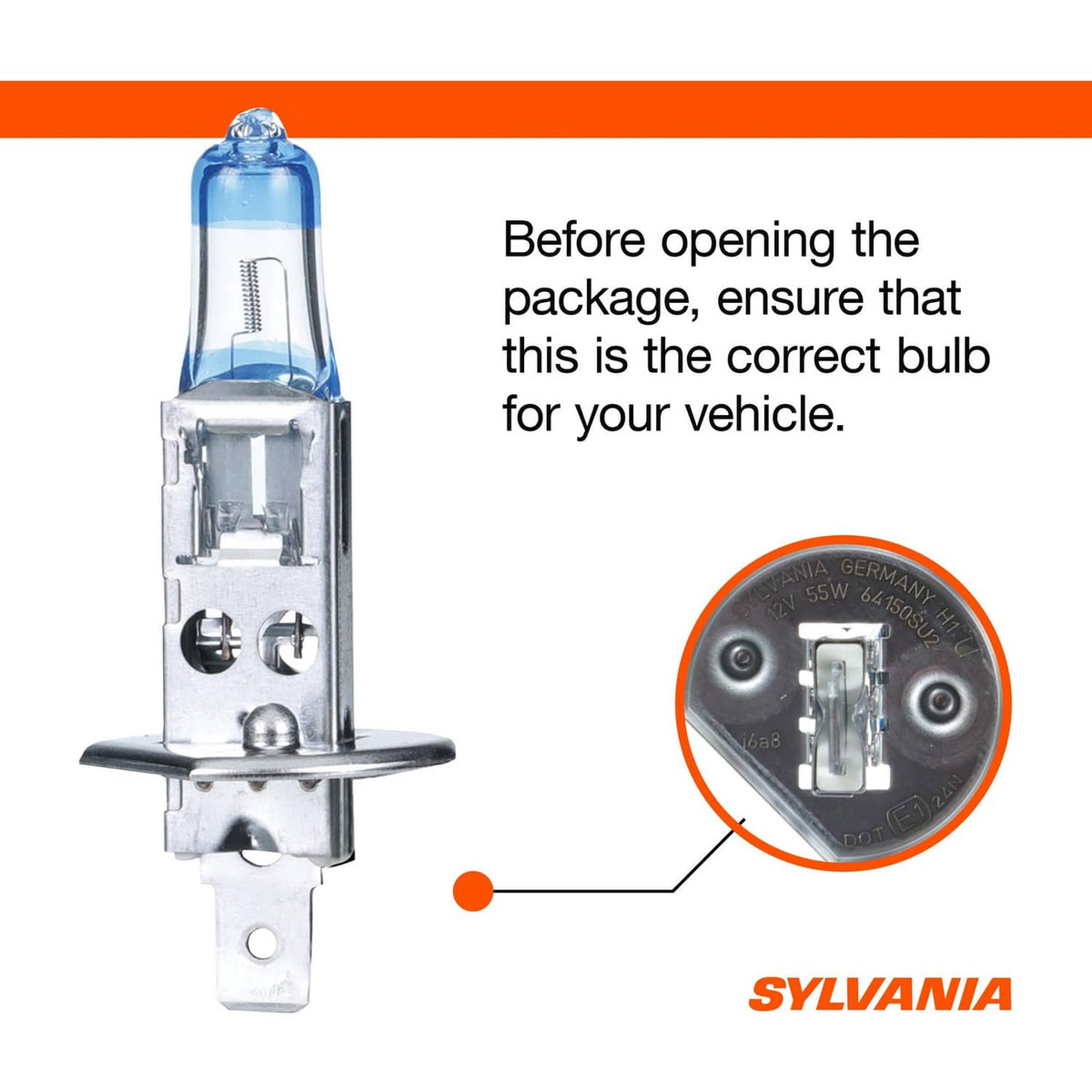 H1 halogen headlight bulb with blue glass and metal base, with vehicle-fit inset