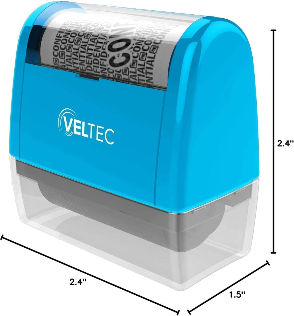 Blue VELTEC identity ink roller stamp with size measurements on clear base