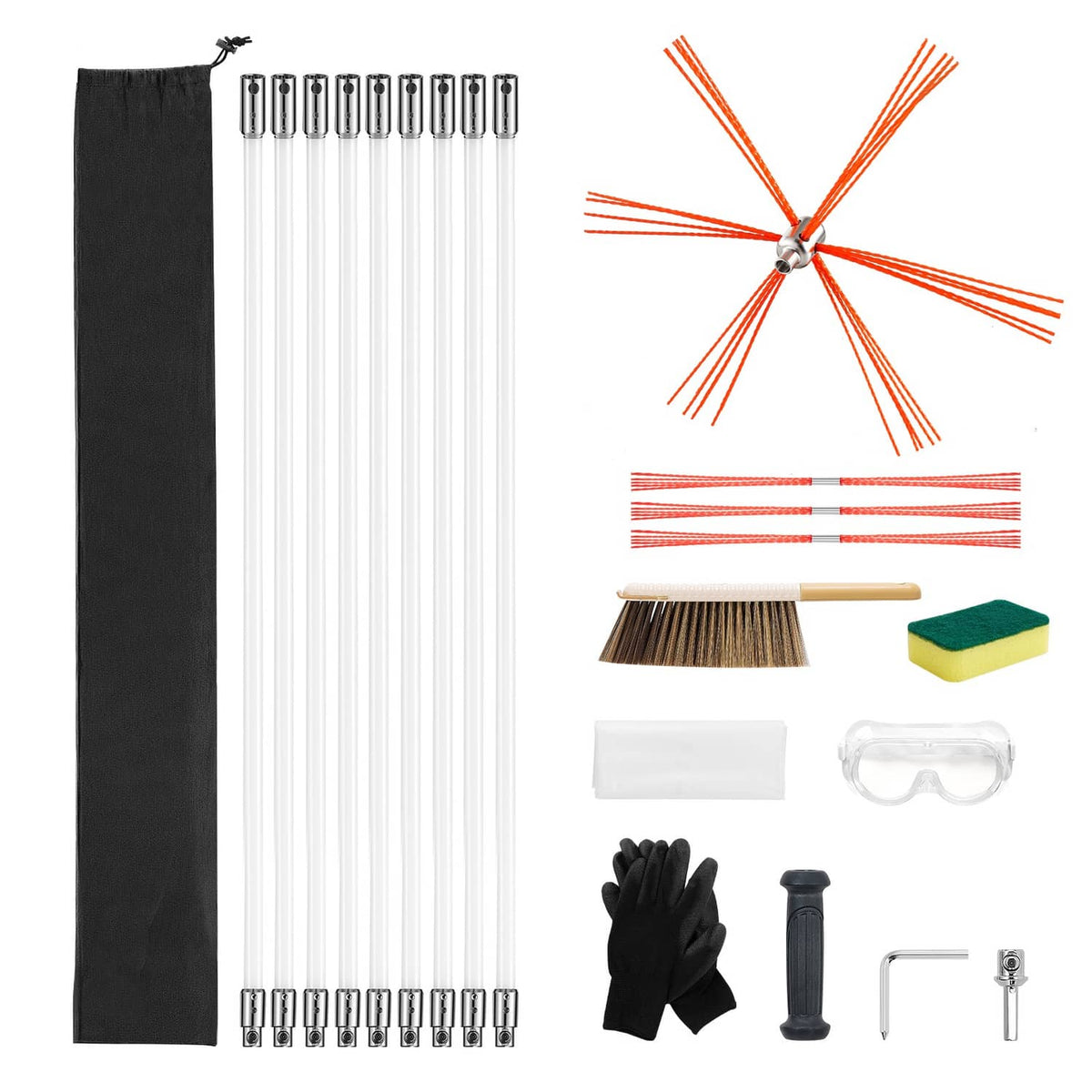 Chimney cleaning kit accessories set with rods, brush head, goggles, gloves, and connectors