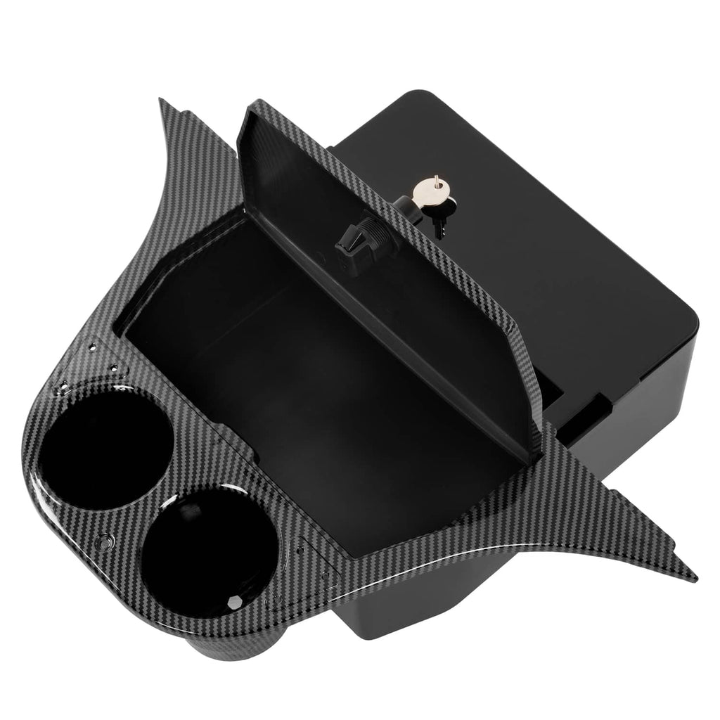 Carbon fiber-style dash compartment with open tray, three-sided frame, and two cup holders