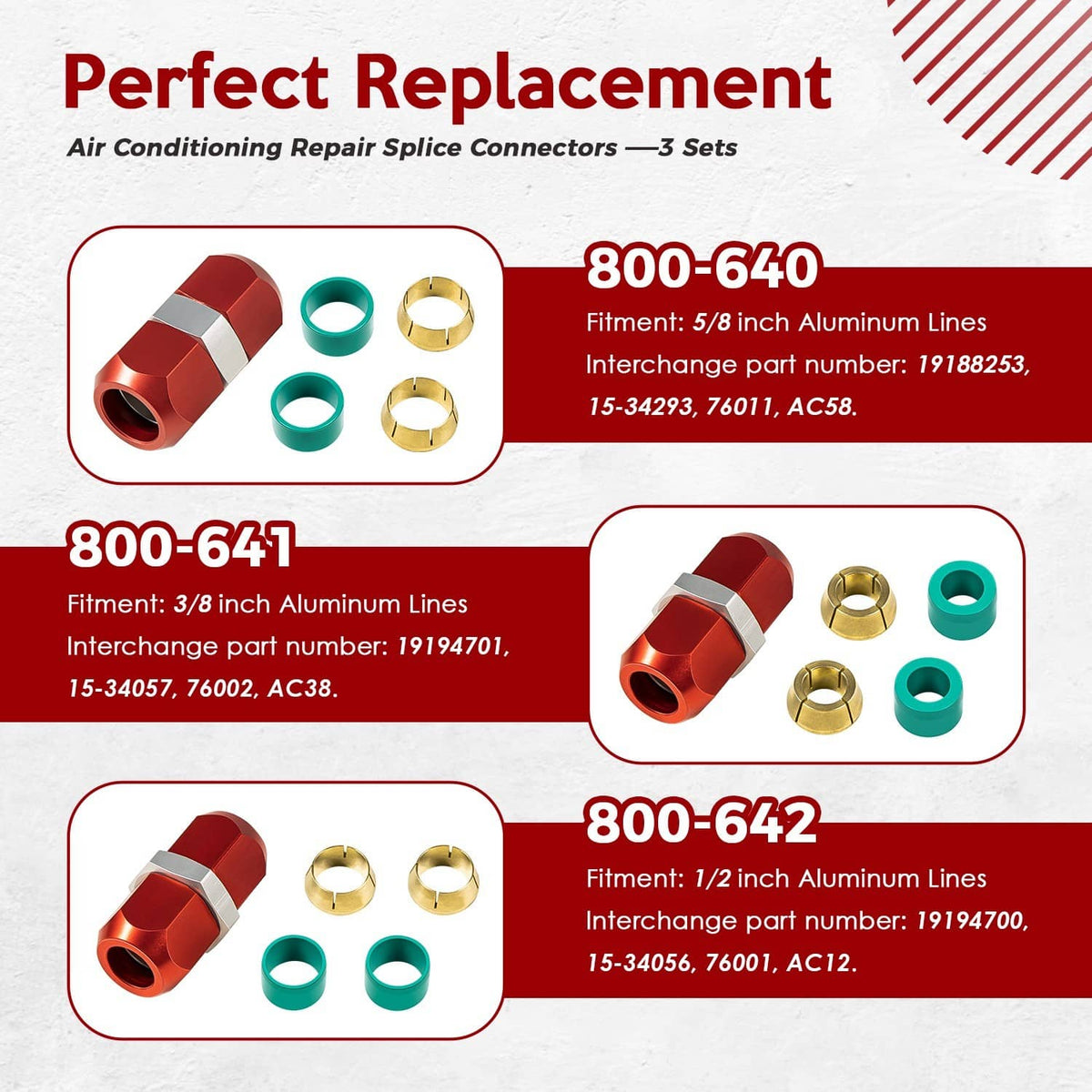Replacement A/C splice connector set, red end fittings with teal seals and brass rings