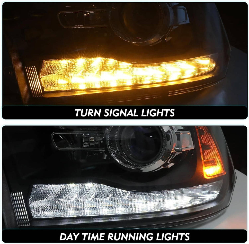 Projector headlight with illuminated amber turn signal and daytime running light strip