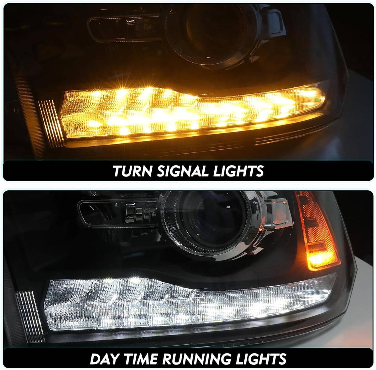 Projector headlight with illuminated amber turn signal and daytime running light strip
