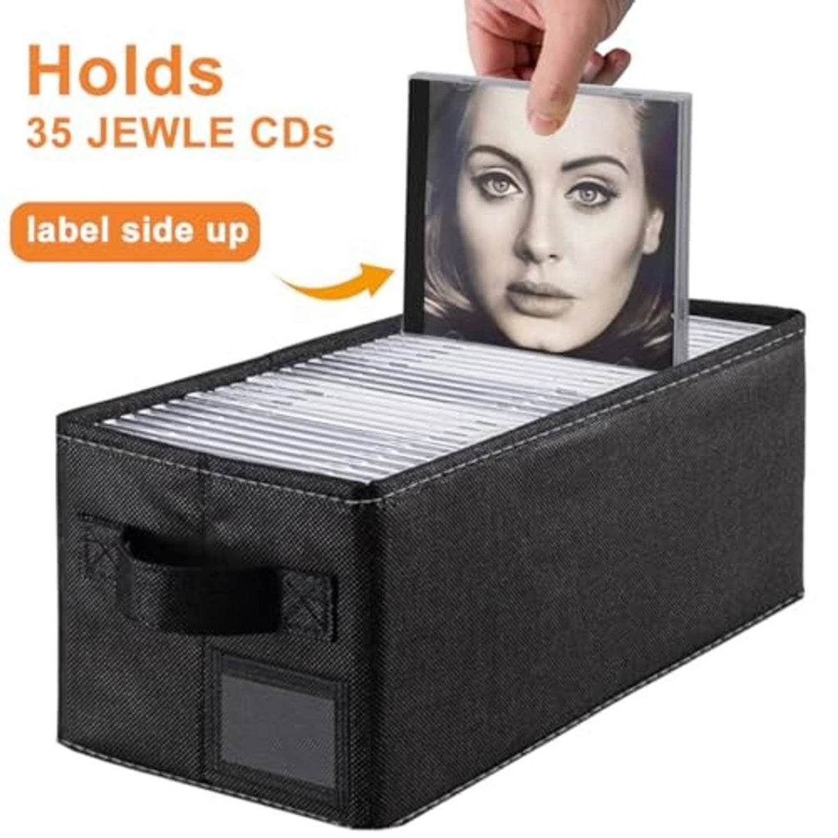 Black fabric CD storage box with open top slot and label-ready front drawer