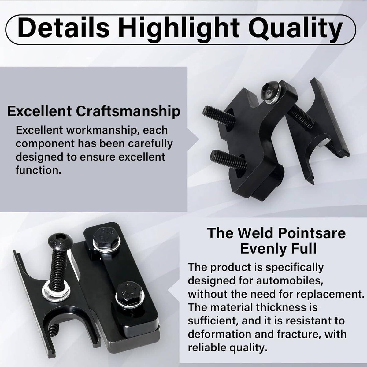 Valve spring compressor tool detail view highlighting weld points and black clamp body