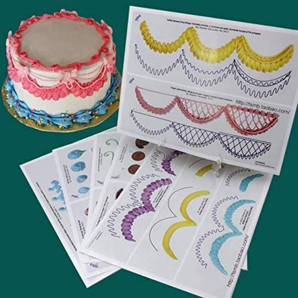 Cake decorating practice board cards with piping tips and layered border guides