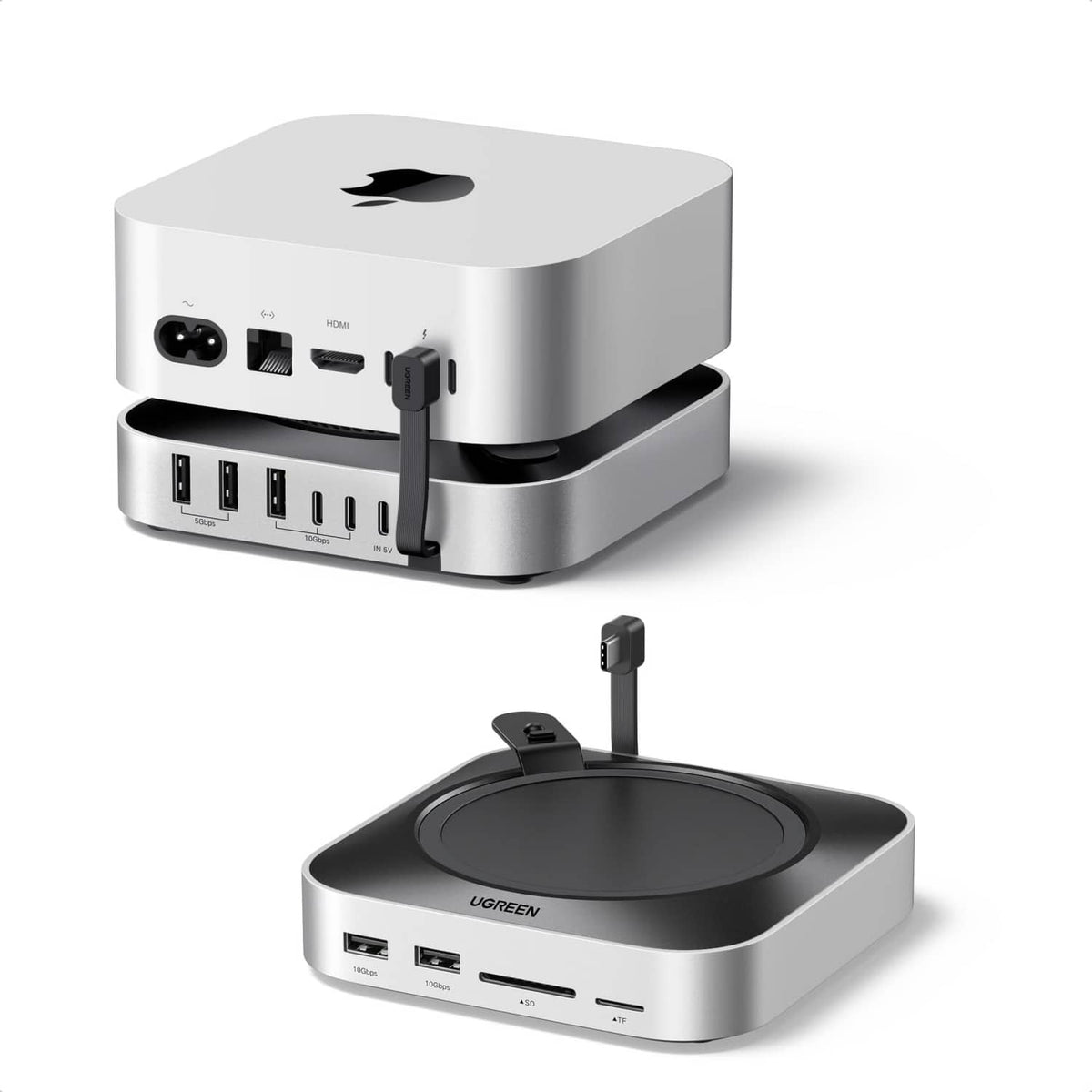 UGREEN Mac mini dock and stand with NVMe enclosure, silver hub with USB and video ports