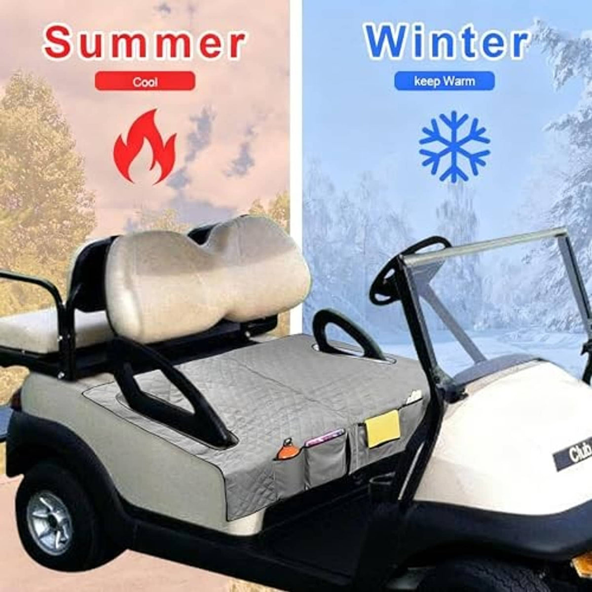 Gray golf cart seat cover blanket shown on cart seats for all-season comfort