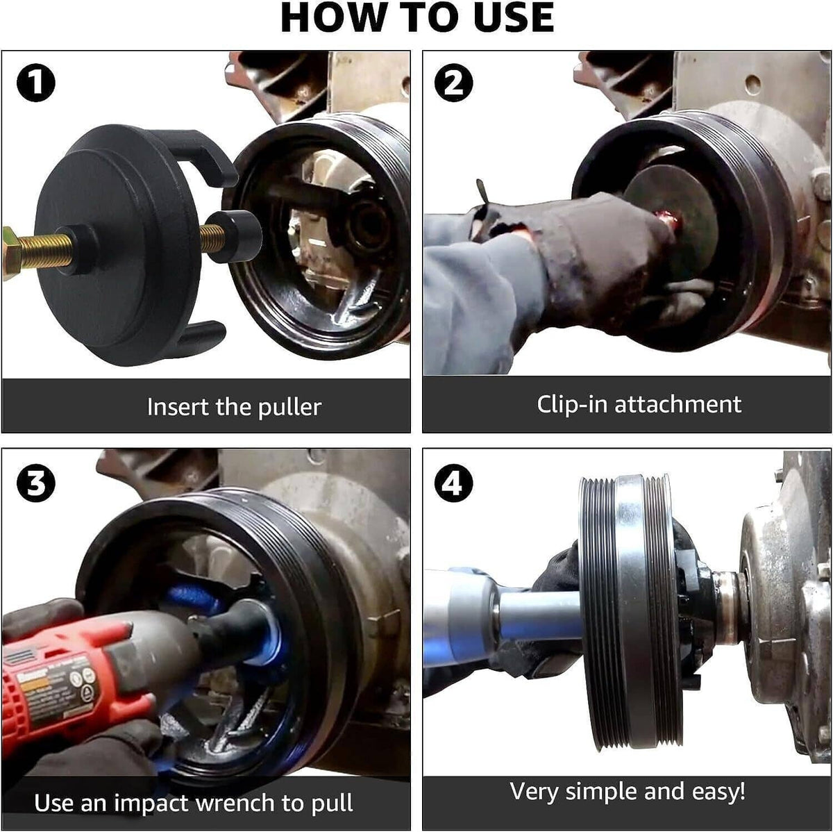 Harmonic balancer puller attached to crank pulley with gold center bolt