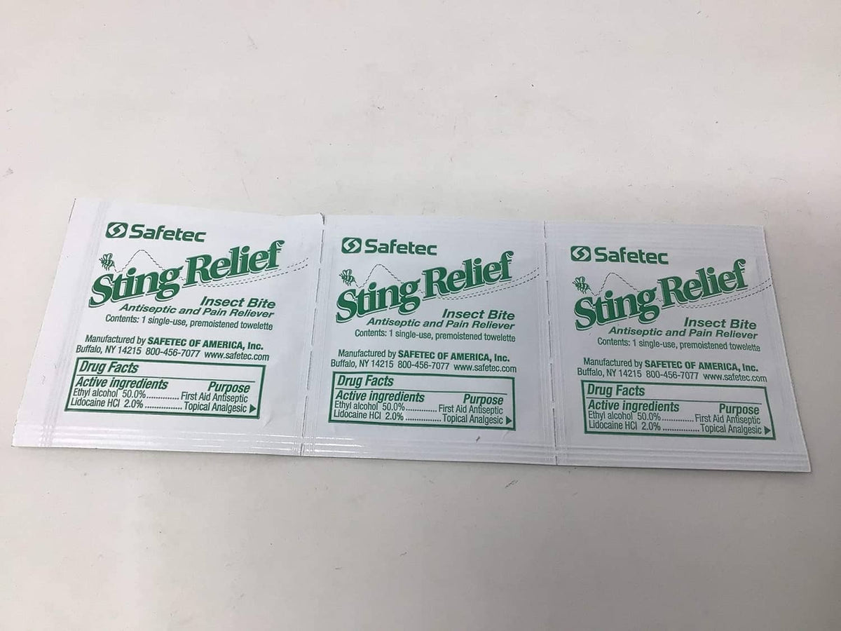Safetec Sting Relief single-use wipes, three front labels