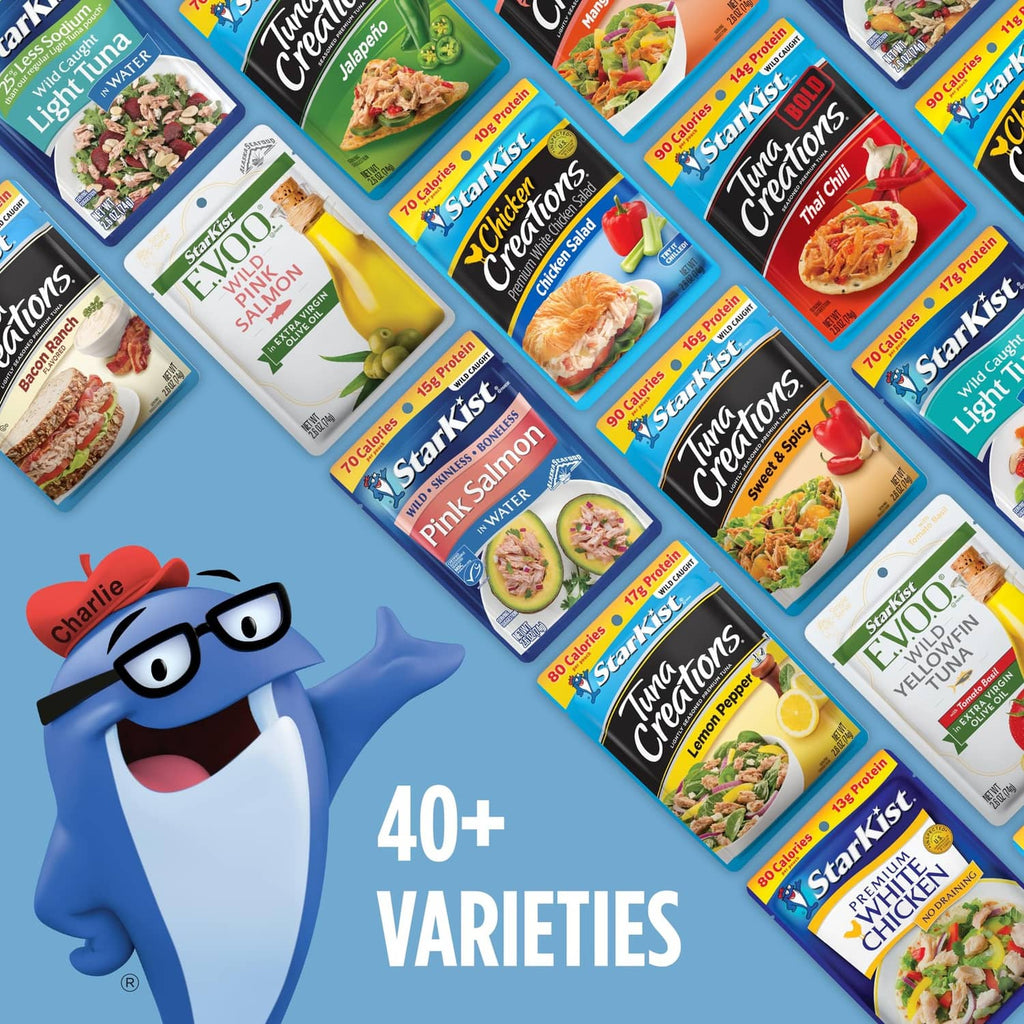 Variety pack of tuna creations pouches showing multiple flavors