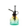 Glass plant mister spray bottle with green ribbed glass and black pump sprayer.