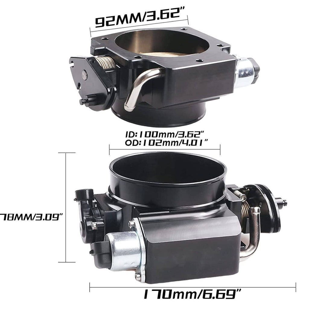 Throttle body assembly with silver housing and black intake bore, size reference