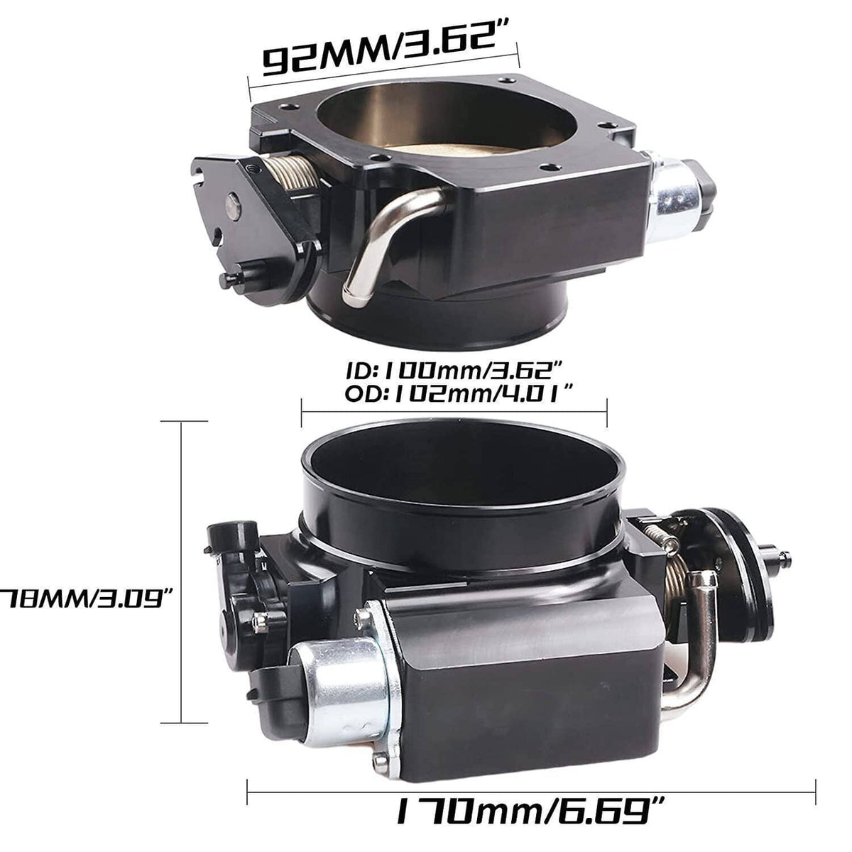 Throttle body assembly with silver housing and black intake bore, size reference
