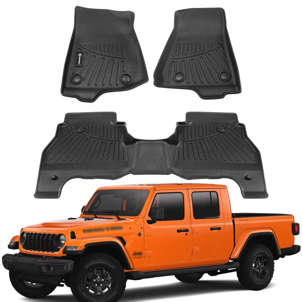 Black 3-piece floor mat set displayed with molded front and rear contours