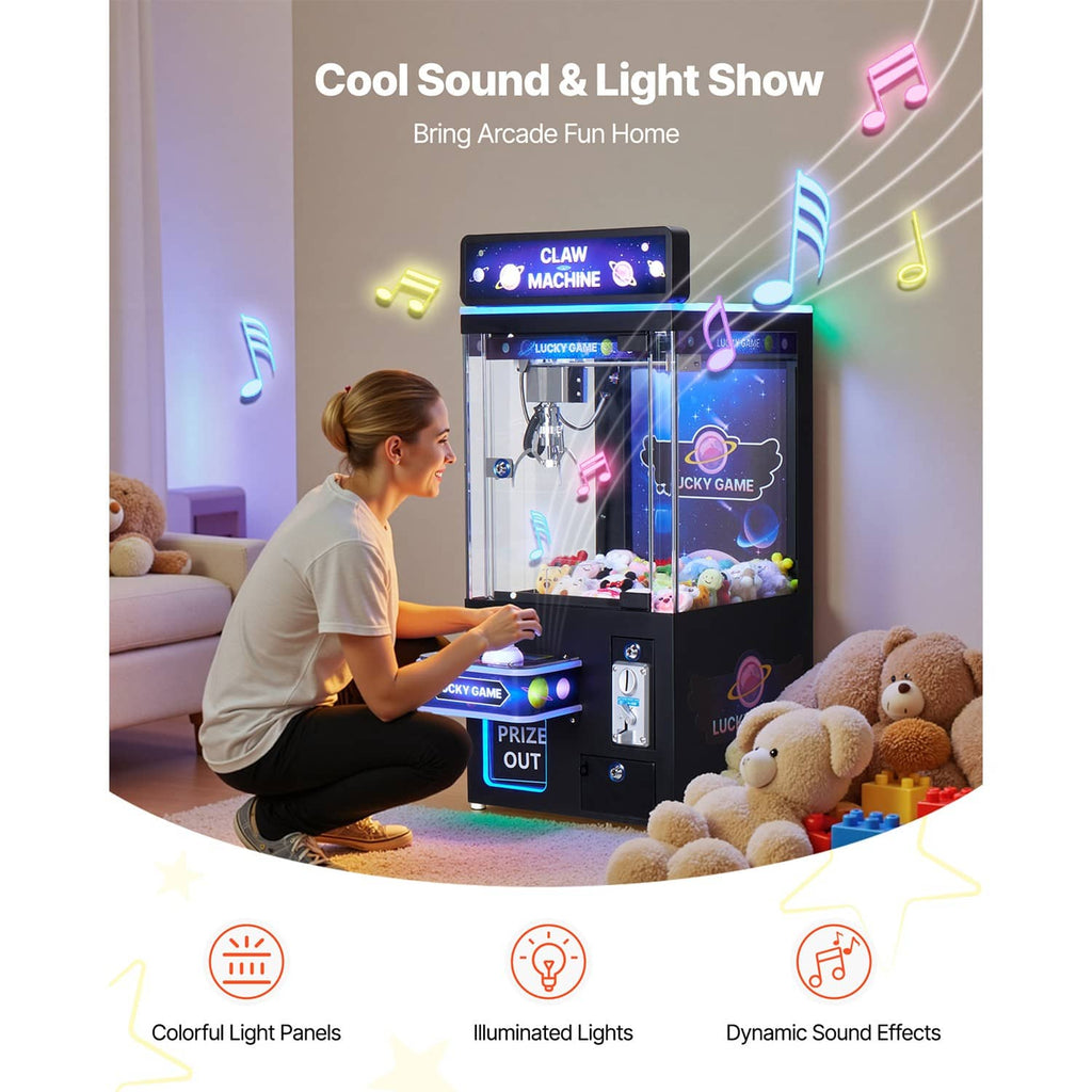 Mini arcade claw machine toy with blue screen, prize window, and colorful light effects
