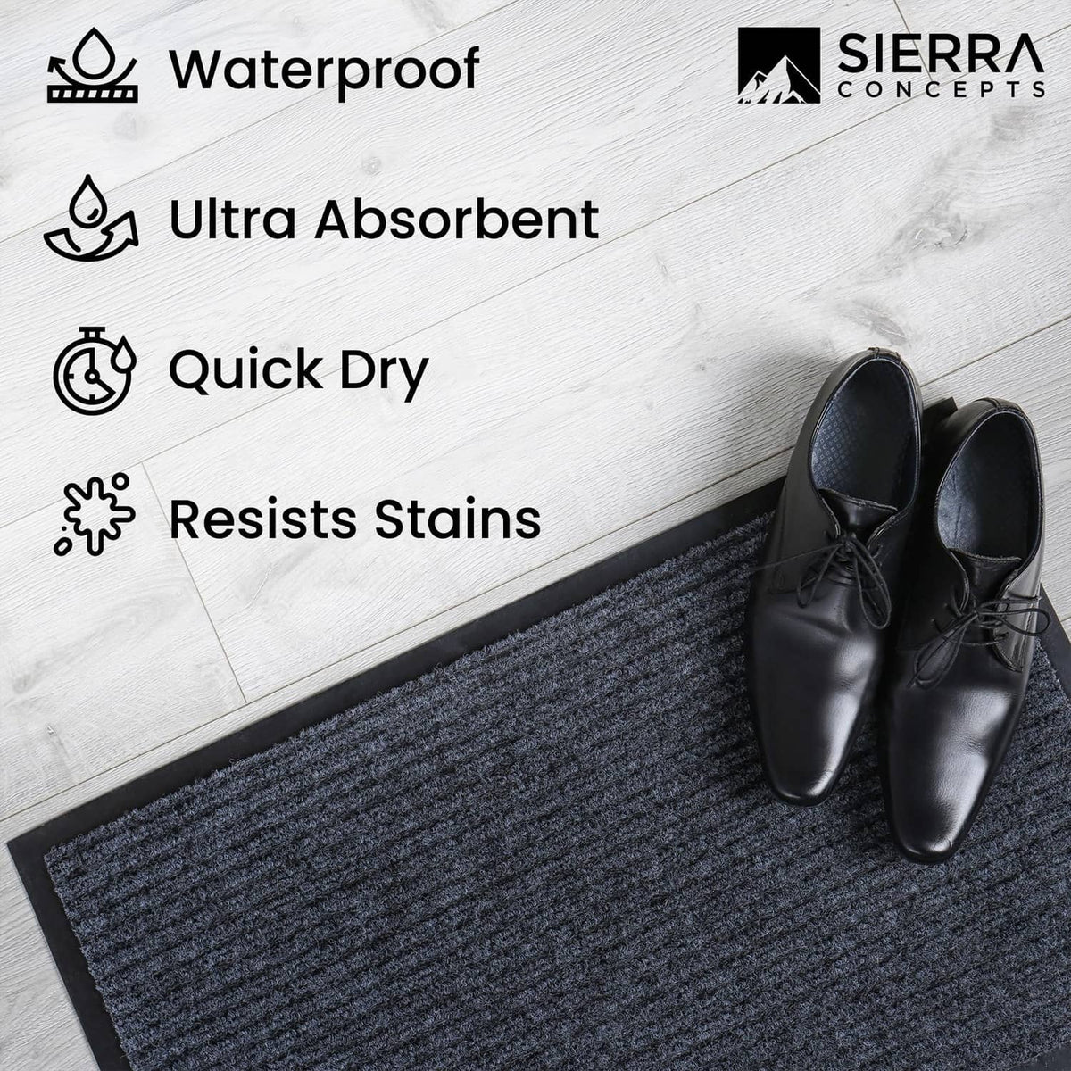 Steel gray waterproof door mat with quick-dry, stain resistance, and PVC backing