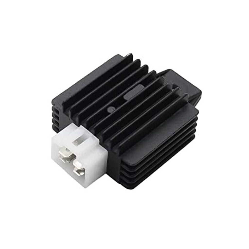 Black voltage rectifier regulator, ribbed heatsink with white 4-pin plug connector.