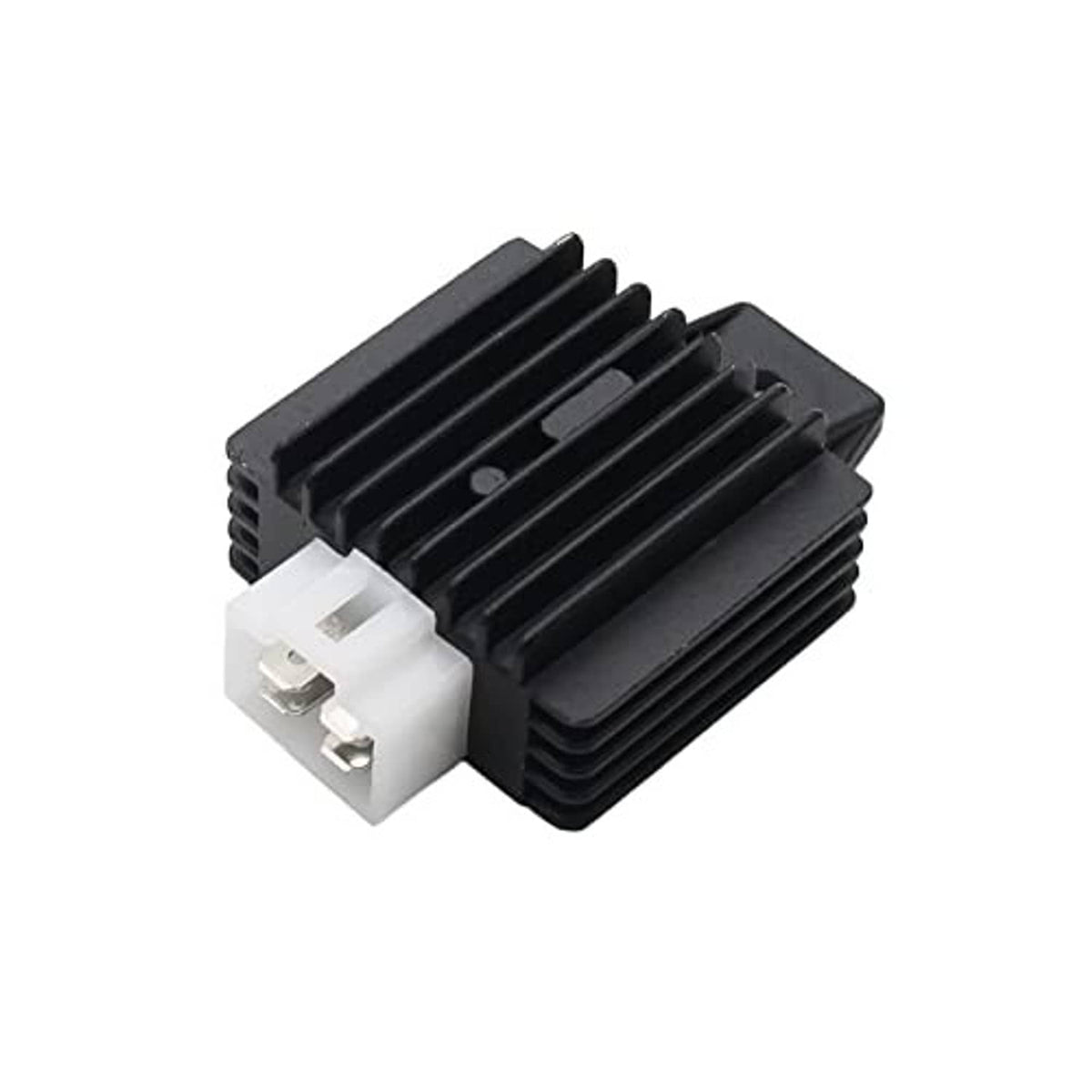 Black voltage rectifier regulator, ribbed heatsink with white 4-pin plug connector.
