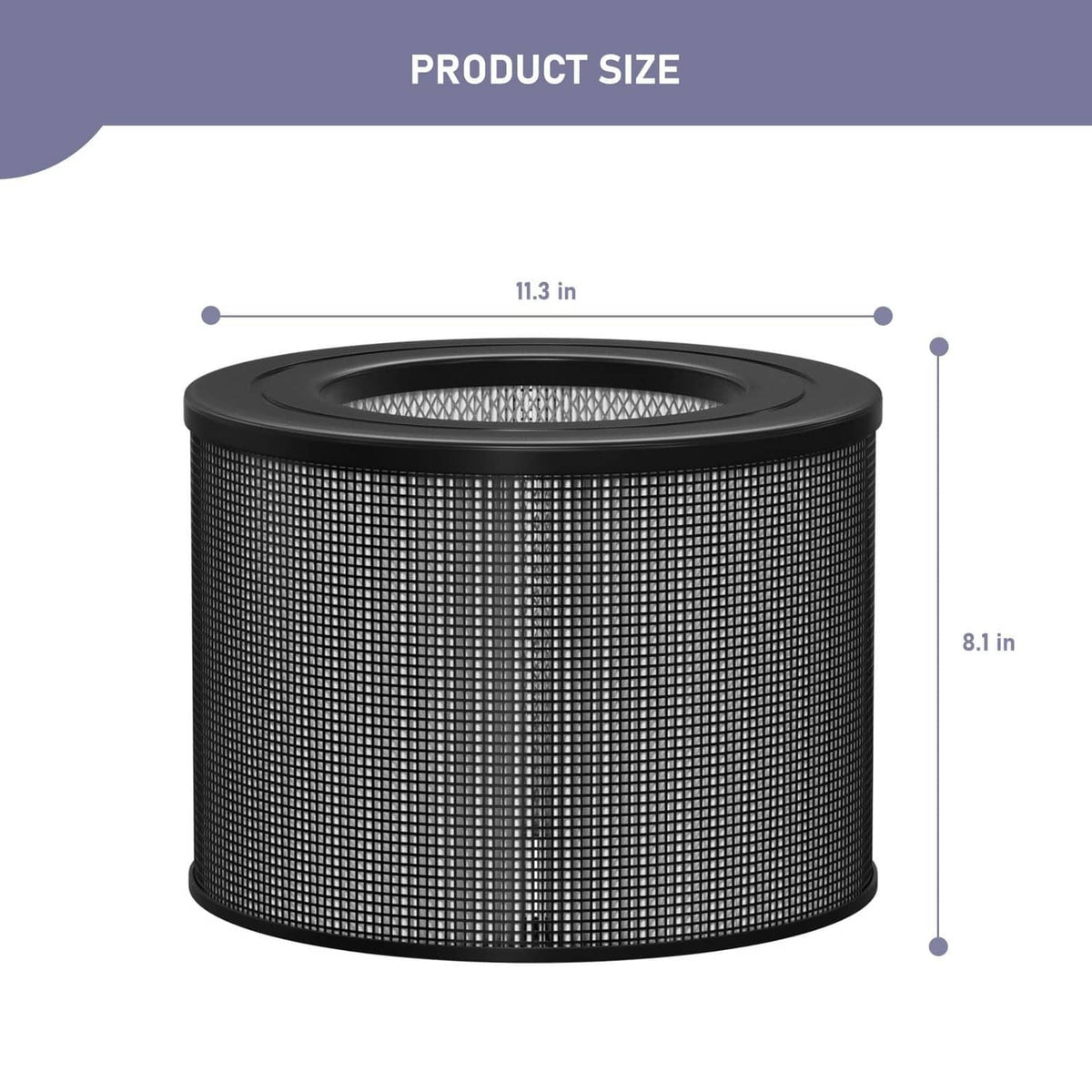 Black cylindrical HEPA filter cartridge with round top and fine mesh surface